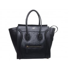 Celine Luggage Medium Tote z telecí kůže, černá s černou hadí kůží