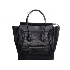 Střední taška Celine Luggage Tote z telecí kůže, černá s krokodílí kůží