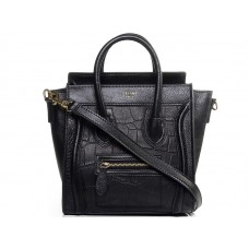 Celine Luggage Mini Tote z telecí kůže, černá s černou krokodílí kůží