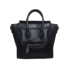 Celine Luggage Mini Tote z telecí kůže, černá s černou hadí kůží