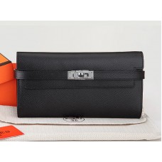 Hermes Epsom Originální Telecí Kůže Kelly Dlouhá Peněženka Černá