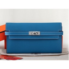 Hermes Epsom Originální Telecí Kůže Kelly Dlouhá Peněženka Modrá