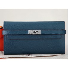 Hermes Epsom Originální Telecí Kůže Kelly Dlouhá Peněženka Tmavě Modrá