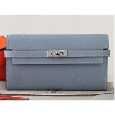 Hermes Epsom Originální Telecí Kůže Kelly Dlouhá Peněženka Šedá Modrá