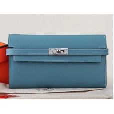 Hermes Epsom Originální Telecí Kůže Kelly Dlouhá Peněženka Světle Modrá