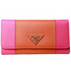 Prada Saffiano kožená peněženka Tri-Fold sytě růžová s oranžovou