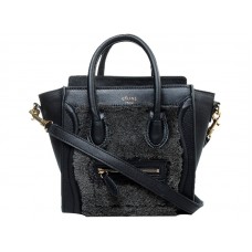 Celine Luggage Mini Tote z telecí kůže, černá/vlněná černá