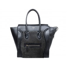 Celine Luggage Medium Tote z telecí kůže, černá/vlněná, černá