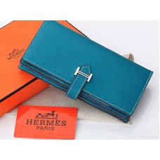 Hermes Epsom Originální Telecí Kůže Bearn Japonaise Bi-Fold Peněženka Středně Modrá
