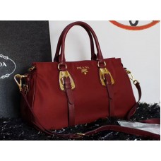 Prada Tessuto Nylon Měkká Telecí Kůže Kabelka s Horní Rukojetí Burgundsko