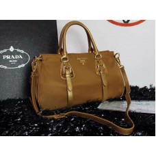 Prada Tessuto Nylon Měkká Telecí Kůže Kabelka s Horní Rukojetí Camel