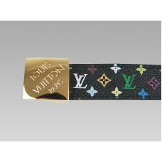 Černý vícebarevný opasek se zlatou přezkou a šikmým logem Louis Vuitton